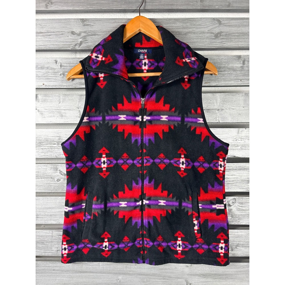 Chaps Sport Womens Large Fleece Vest Southwestern Aztec Geometric Zip Up Black